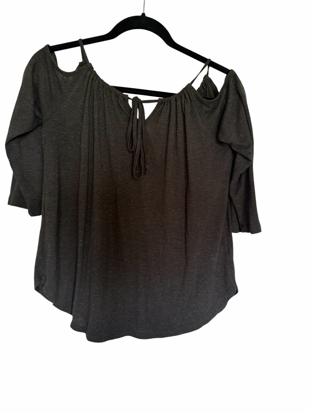 Kismet Cold Shoulder Tie Neck Top L Charcoal Shimmer